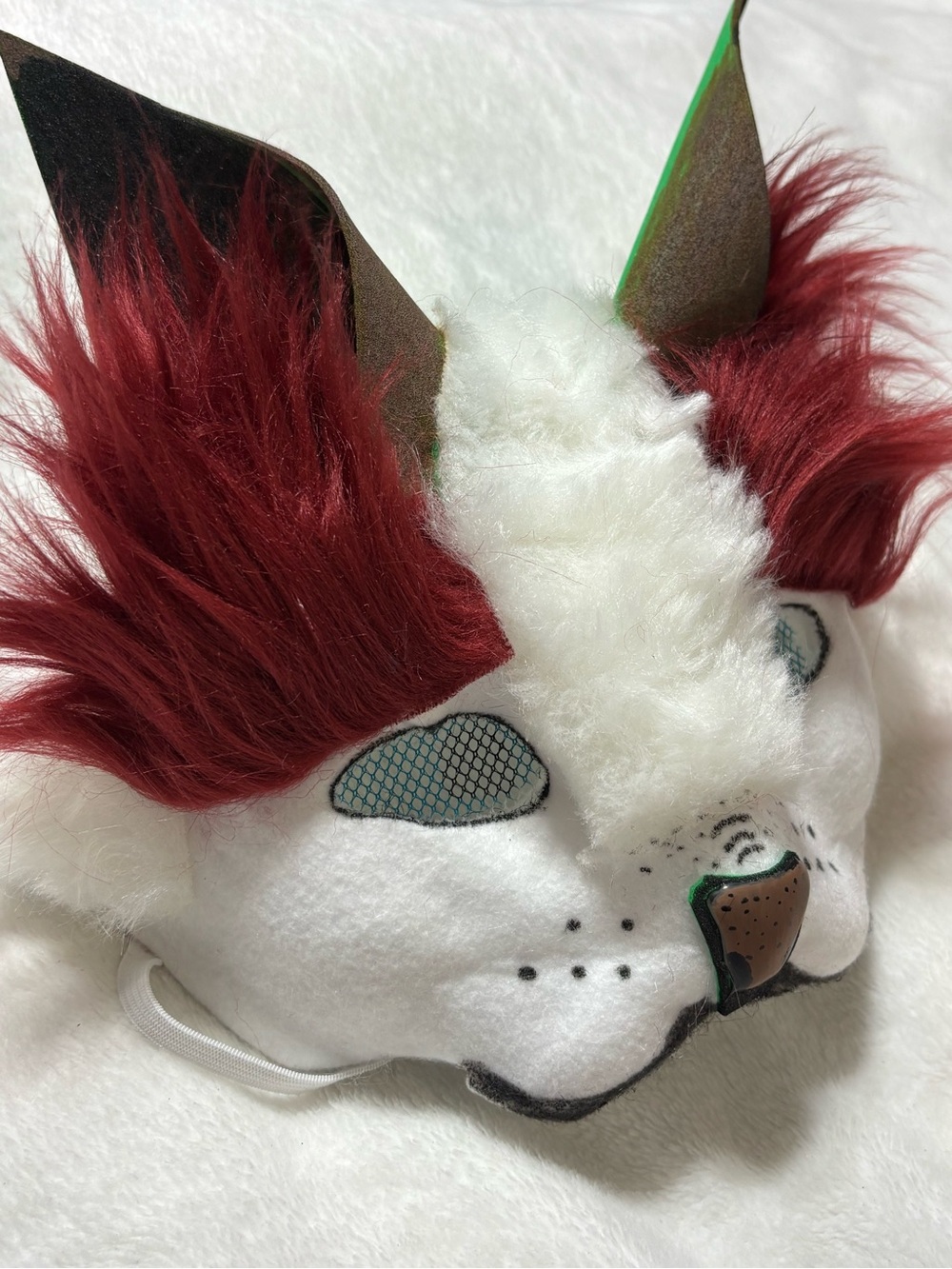 White Faux Fur Therian Animal Costume Mask with Red and Brown Accents